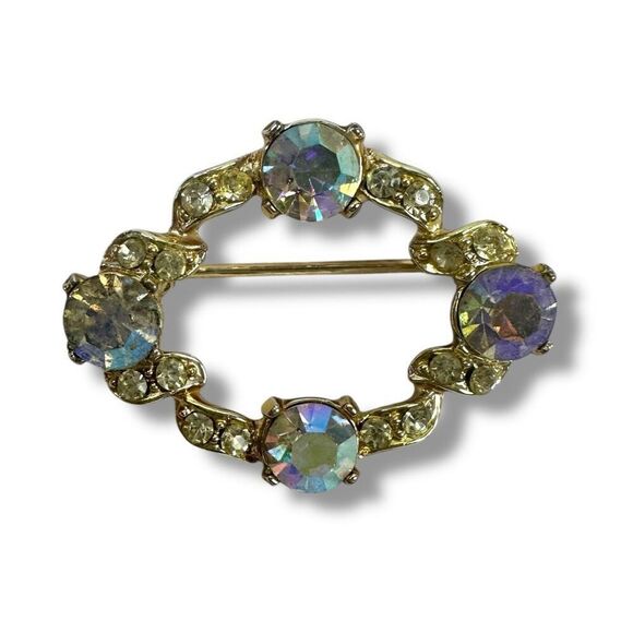Vintage Aurora Borealis Rhinestone Crystal Wreath Brooch Pin Clear Sparkle Glam - Picture 1 of 5